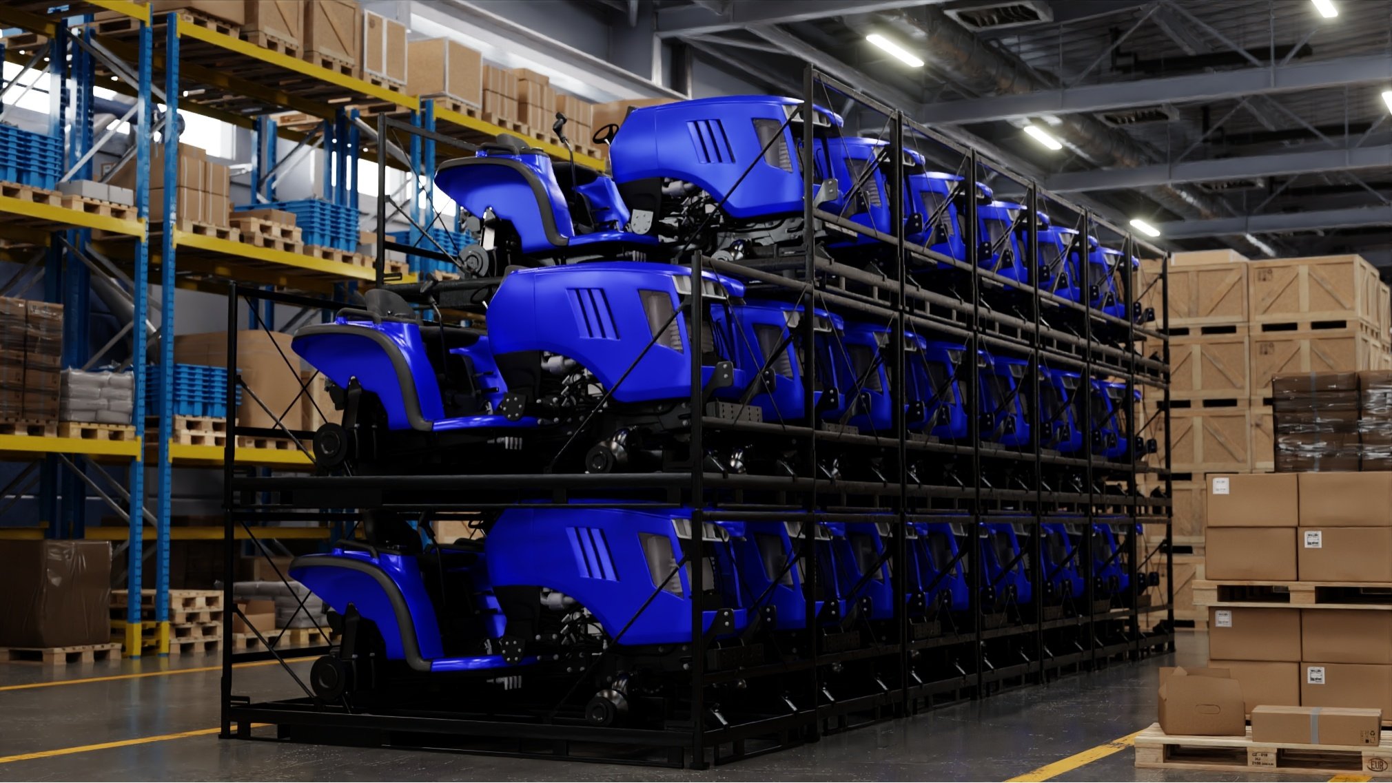Expendable crating in warehouse containing heavy equipment and machinery