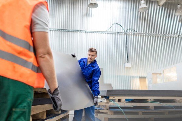 Workers in a warehouse safely handling and transporting sheet metal